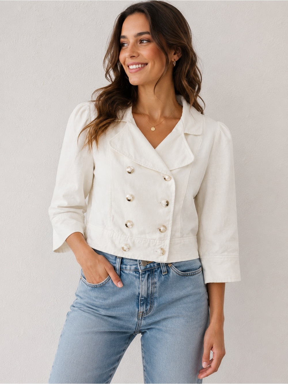 Cropped100% linen Double-Breasted Cream Blazer Jacket‎ 4
